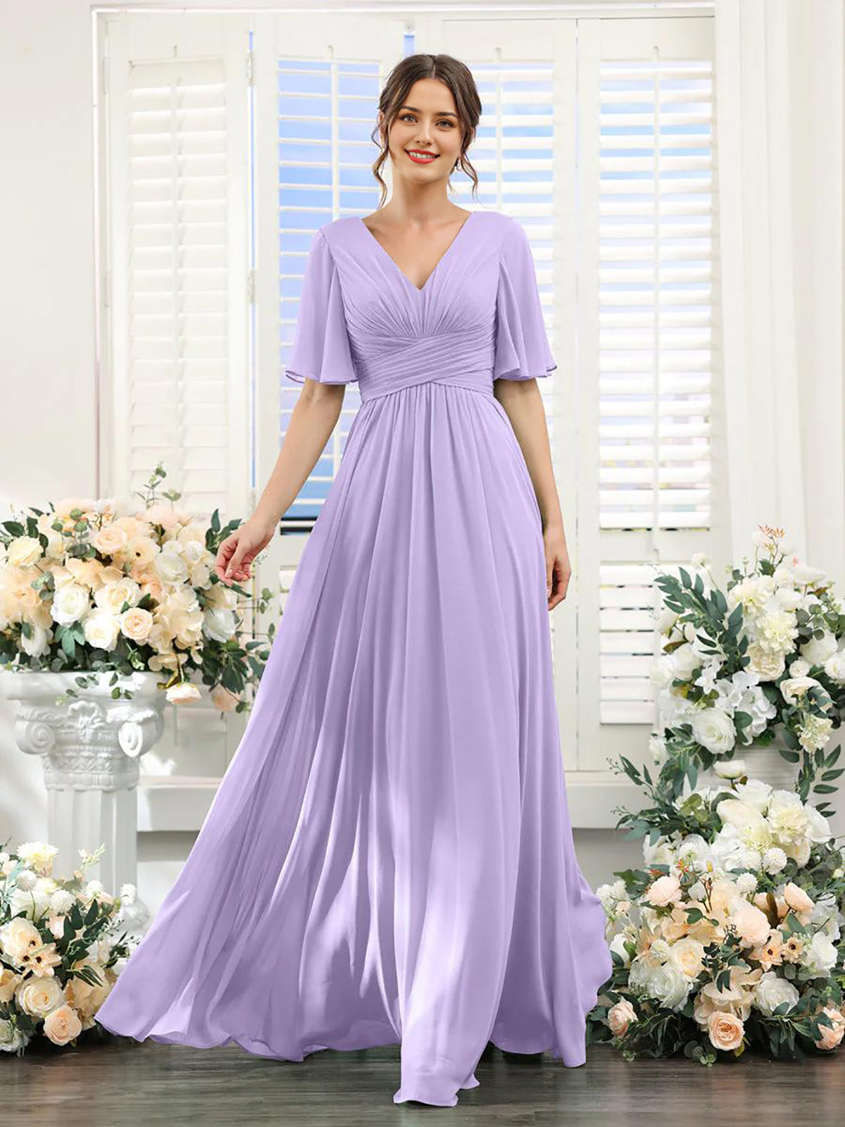 Vestido de dama de honor de manga corta con escote en V y corte A para invitada de boda, largo de gasa, vestido formal de fiesta con abertura